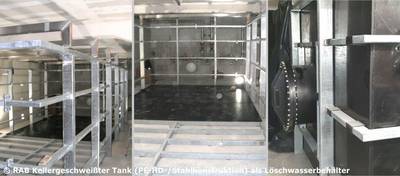 Löschwasserbehälter als kellergeschweißter Tank, HD-PE-/Stahlkonstruktion