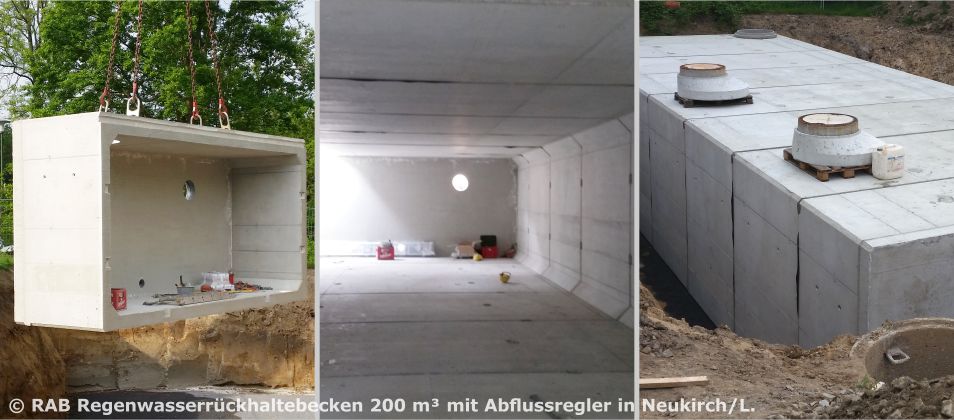 7-teiliges Regenrückhaltebecken mit Abflussregler aus monolithischen Betonfertigteilen